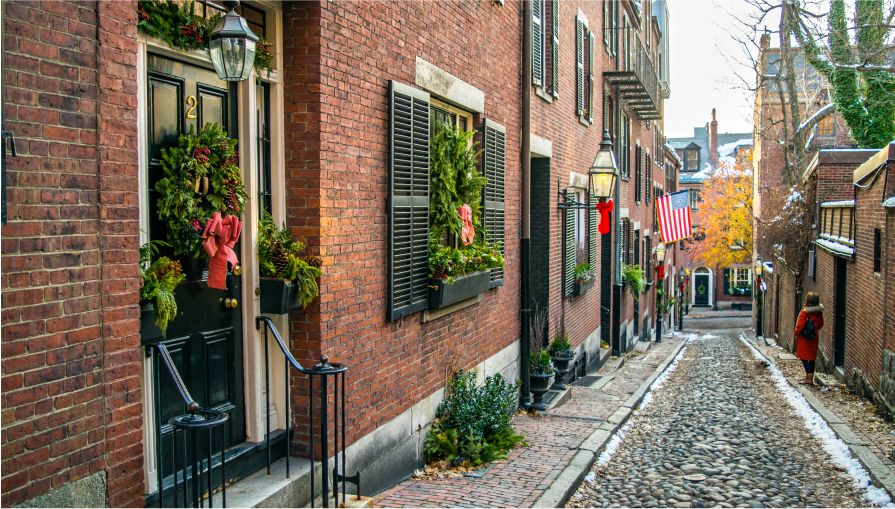 Acorn Street at Christmas Time Classic All American New England Cobblestone Street