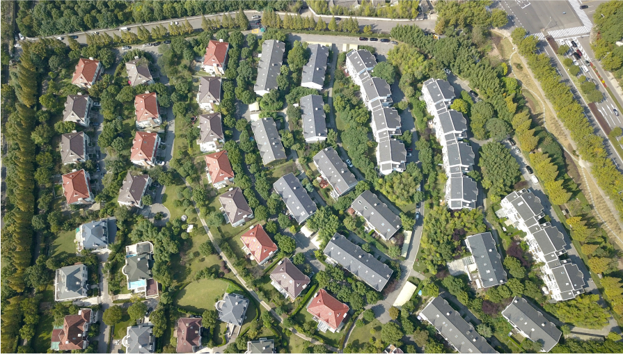 Drone aerial view of suburban residential house in the Jinqiao community